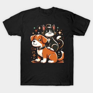 Tuxedo Cat on a Dog Funny T-Shirt